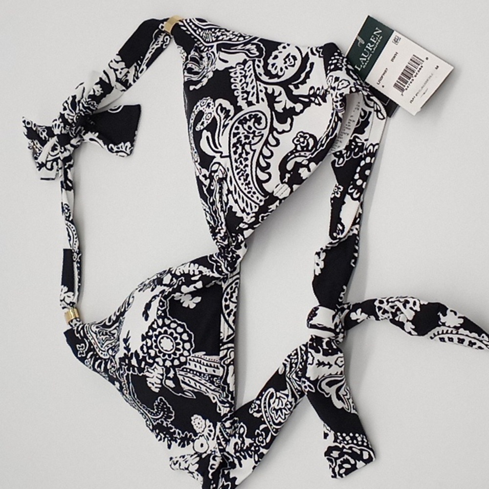 Lauren Ralph Lauren Paisley Print Twist-Front Bikini Top Black White 4